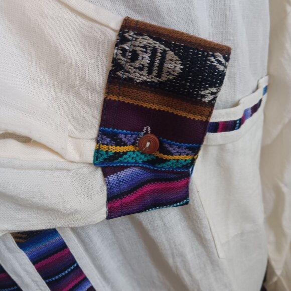 2XL Mens Guatemalan Long-Sleeve White Cotton Shirt Multicolor Striped Accent - Picture 4 of 9